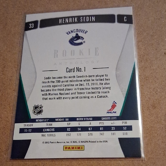 Henrik Sedin Vancouver Canucks Rookie Anthology Hockey Card - Blue/Green/White - Picture 2 of 4